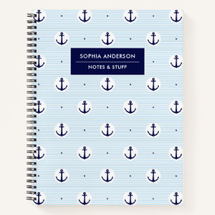 Modern Blue Anchors & Stripes Personalised Name Notebook