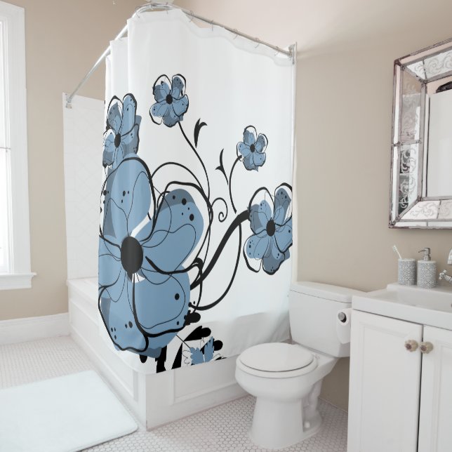 Modern  Blue and Black Flowers Shower Curtain (In Situ)