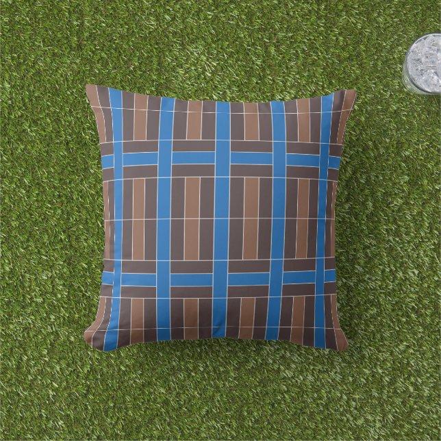 Modern Blue and Brown Geometric Plaid Pattern | Cushion (Grass)