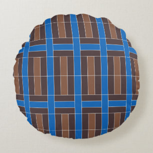 Modern Blue and Brown Geometric Plaid Pattern   Round Cushion