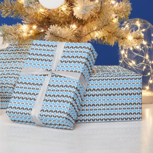 Modern Blue and Dark Grey Herringbone Geometric Wrapping Paper