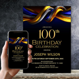 Modern Blue and Gold 100th Birthday Party Invitation