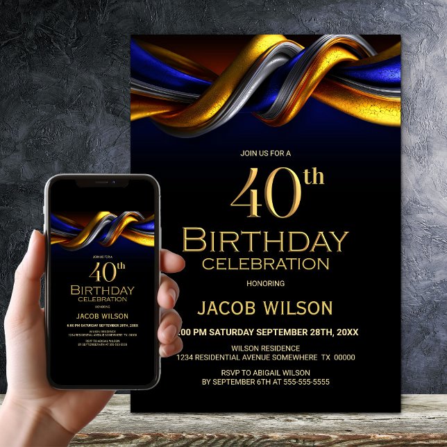 Modern Blue and Gold 40th Birthday Party Invitation (Creator Uploaded)