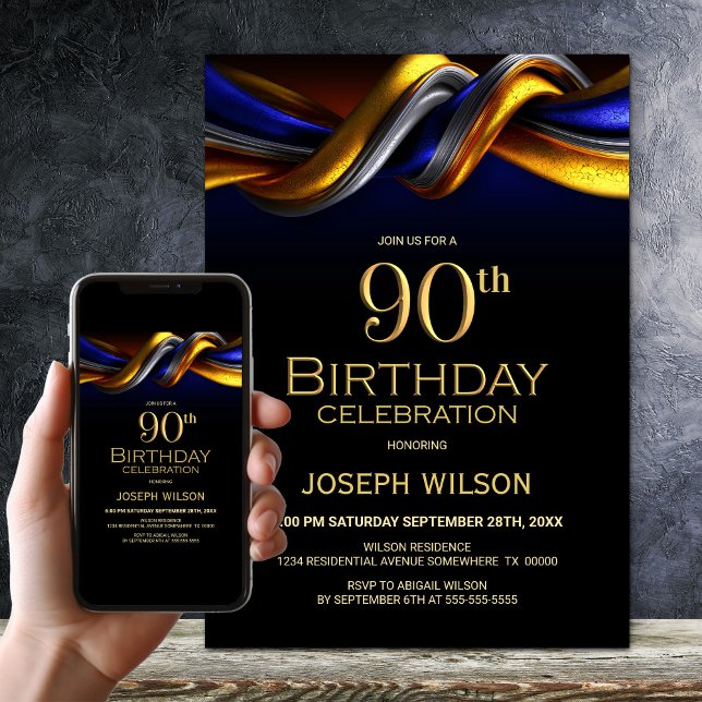 Modern Blue and Gold 90th Birthday Party Invitation (Creator Uploaded)