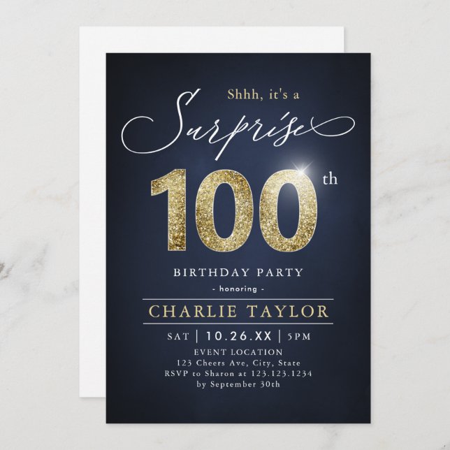 Modern blue and gold adult surprise 100th birthday invitation (Front/Back)