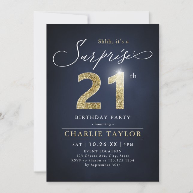 Modern blue and gold adult surprise 21st birthday invitation (Front)