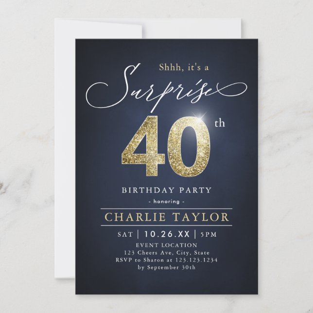 Modern blue and gold adult surprise 40th birthday invitation (Front)