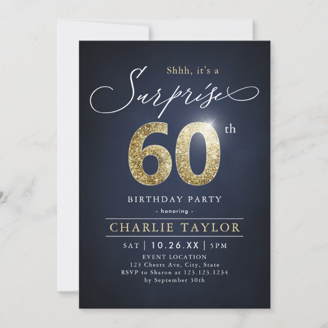 Modern blue and gold adult surprise 60th birthday invitation (Front)