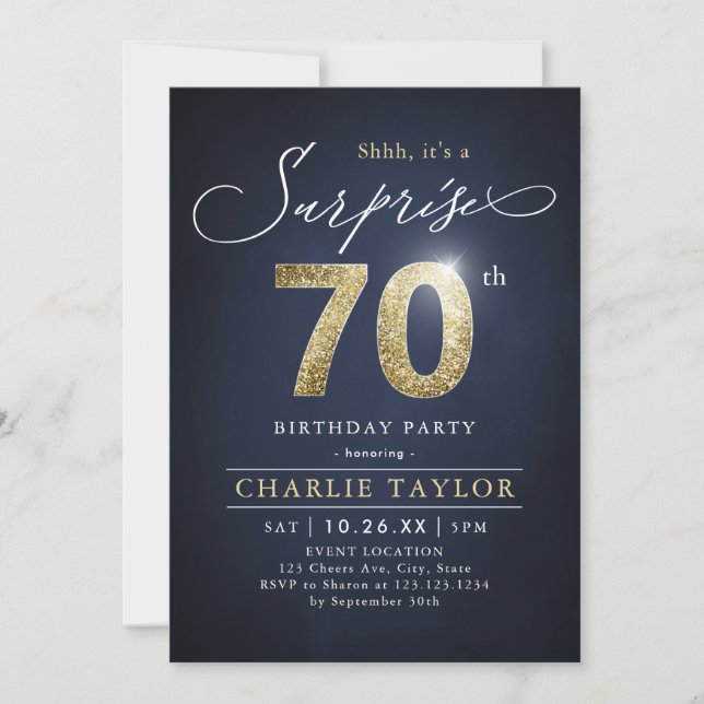 Modern blue and gold adult surprise 70th birthday invitation (Front)
