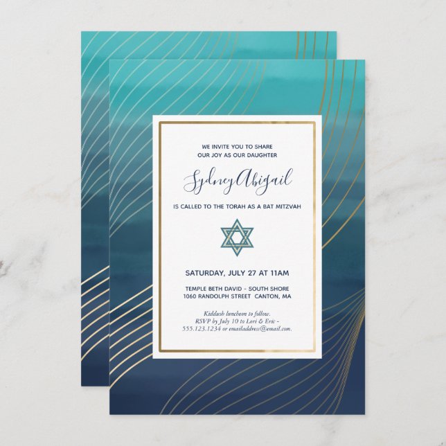 Modern Blue and Gold Bat Mitzvah or Bar Mitzvah Invitation (Front/Back)