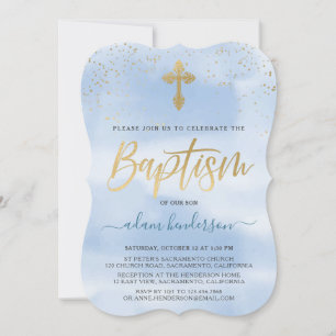 Modern Blue And Gold Boy Baptism Invitation