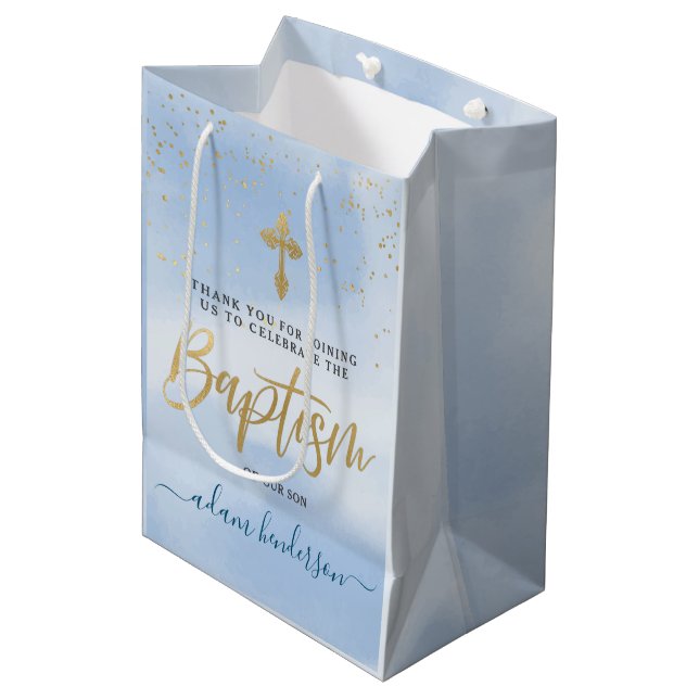 Modern Blue And Gold Boy Baptism Thank You  Medium Gift Bag (Front Angled)