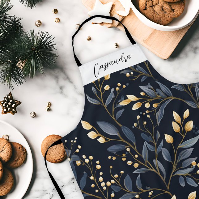 Modern Blue And Gold Christmas Leaf Apron (Blue and Gold Christmas Leaf Apron)
