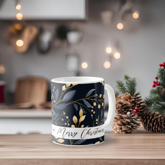 Modern Blue And Gold Christmas Leaf Coffee Mug