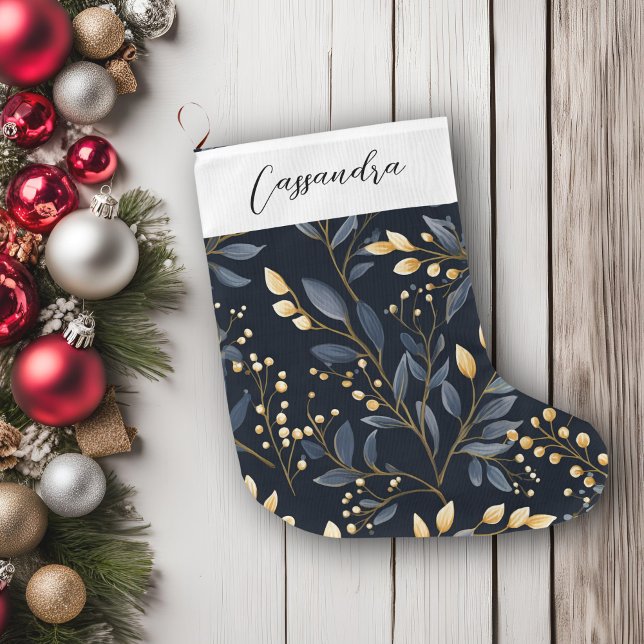 Modern Blue And Gold Christmas Leaf Large Christmas Stocking (Blue & Gold Leaves Christmas Stocking)