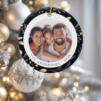 Modern Blue And Gold Christmas Leaf Round Photo Ceramic Ornament