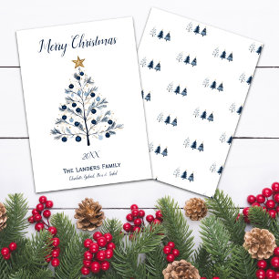 Modern Blue and Gold Christmas Tree Holiday Card