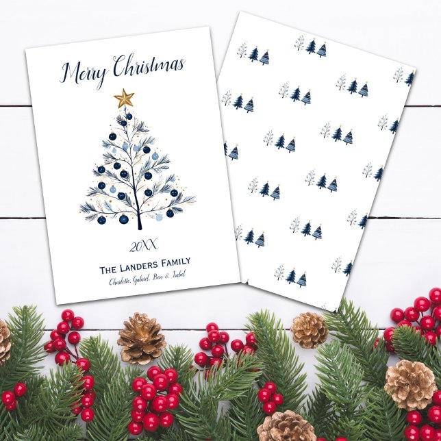Modern Blue and Gold Christmas Tree Holiday Card (Modern Blue and Gold Personalized Christmas Tree Holiday Card Front and Back)