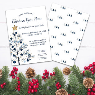 Modern Blue and Gold Christmas Tree Open House Holiday Card