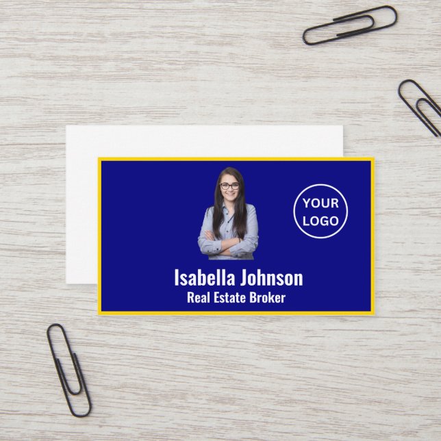Modern Blue and Gold Custom Photo Realtor Business Card (Front/Back In Situ)