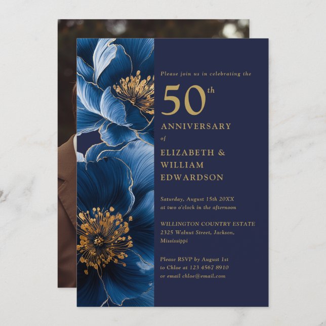 Modern Blue And Gold Floral 50th Anniversary Photo Invitation (Front/Back)