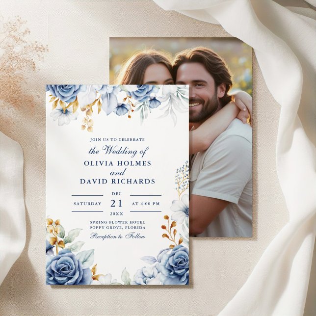 Modern Blue and Gold Floral Couple Photo Wedding Invitation (Modern Blue and Gold Floral Couple Photo Wedding Invitation on an elegant fabric with botanical.)