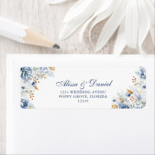 Modern Blue and Gold Floral Wedding Address Return Address Label