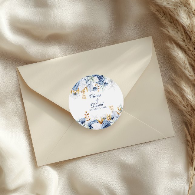 Modern Blue and Gold Floral Wedding Classic Round Sticker (Modern Blue and Gold Floral Wedding Classic Round Sticker on an elegant neutral wedding envelope.)