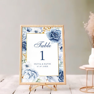 Modern Blue and Gold Floral Wedding Table Number