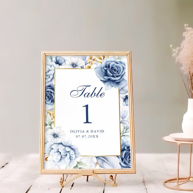 Modern Blue and Gold Floral Wedding Table Number (Modern Blue and Gold Floral Wedding Table Number on a rustic white wooden table next to flowers)