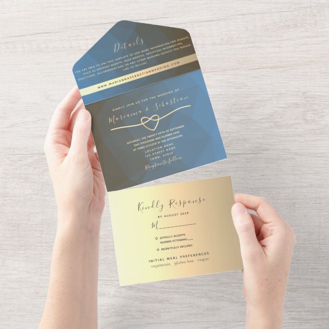 Modern Blue and Gold Geometric Wedding All In One Invitation (Tearaway)