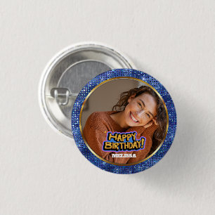 Modern Blue and Gold Glitter Photo Name Birthday 3 Cm Round Badge