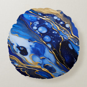 Modern Blue And Gold liquid Marble Design Round Cushion