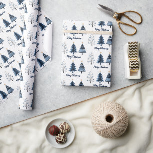 Modern Blue and Gold Merry Christmas Trees Roll Wrapping Paper