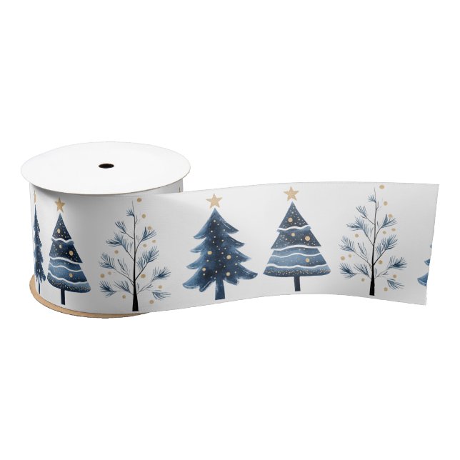 Modern Blue and Gold Merry Christmas Trees Wide Satin Ribbon (Spool)