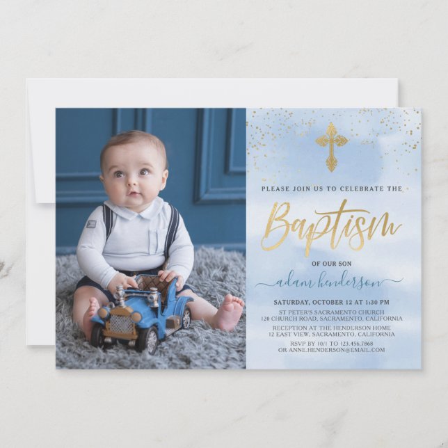 Modern Blue And Gold Photo Boy Baptism  Invitation (Front)