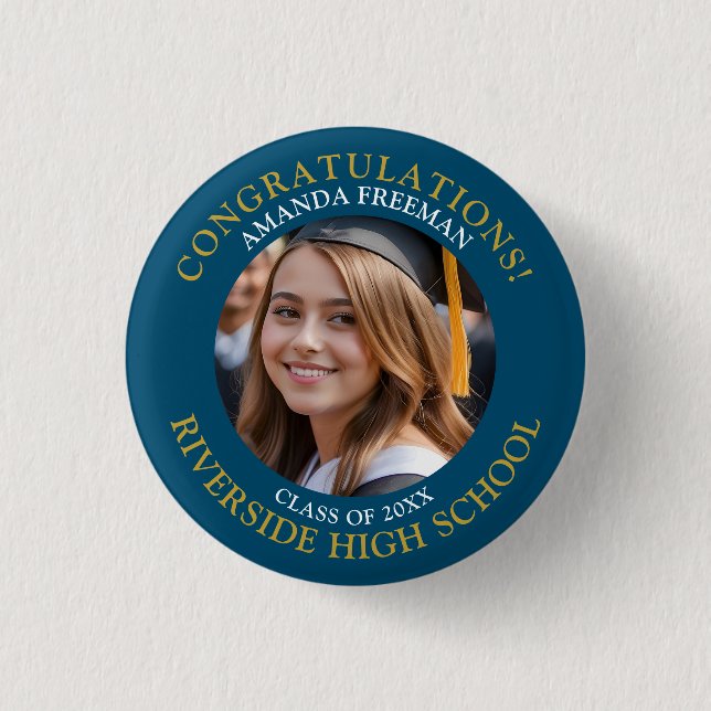 Modern Blue and Gold Photo Graduation 3 Cm Round Badge (Front)