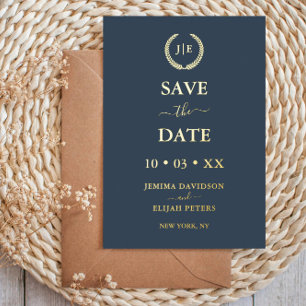 Modern Blue and Gold Photo Monogram Save the Date