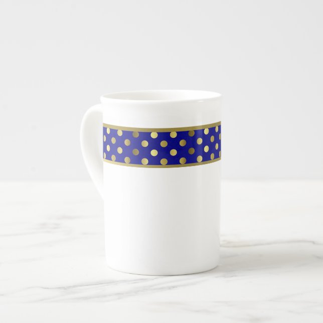 Modern Blue and Gold Polka Dot Band Bone China Mug (Front Left)