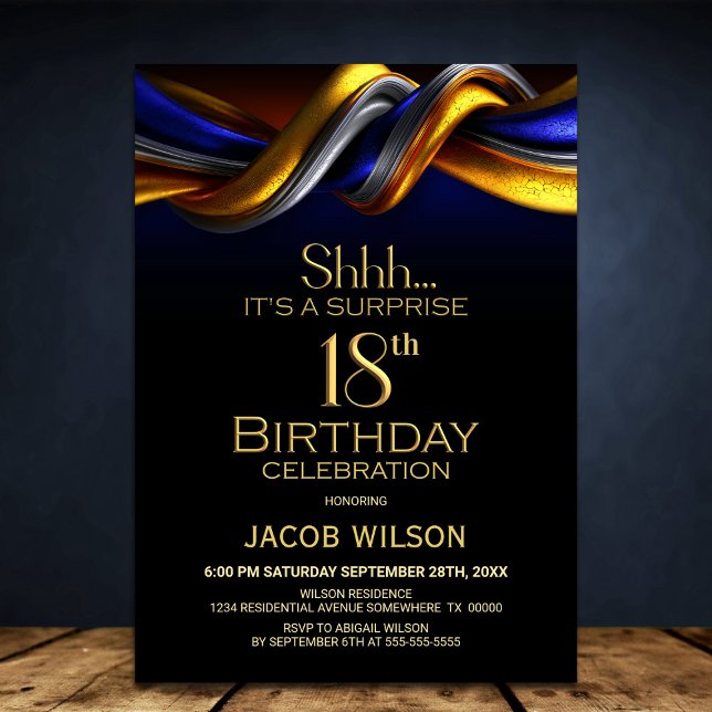Modern Blue and Gold Surprise 18th Birthday Party Invitation (Creator Uploaded)