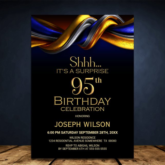 Modern Blue and Gold Surprise 95th Birthday Party Invitation (Creator Uploaded)