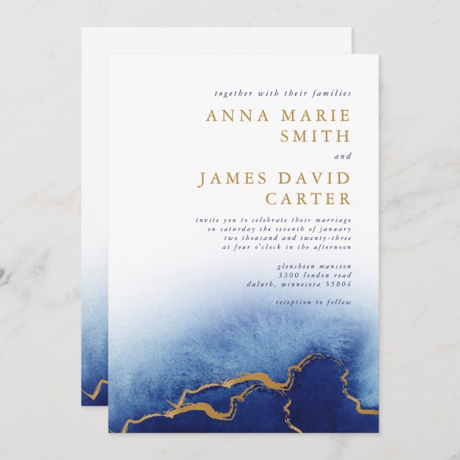 Modern Blue and Gold Watercolor Wedding Invitation (Front/Back)