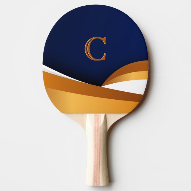 Modern Blue and Gold Wave Monogram Design Ping Pong Paddle (Back)