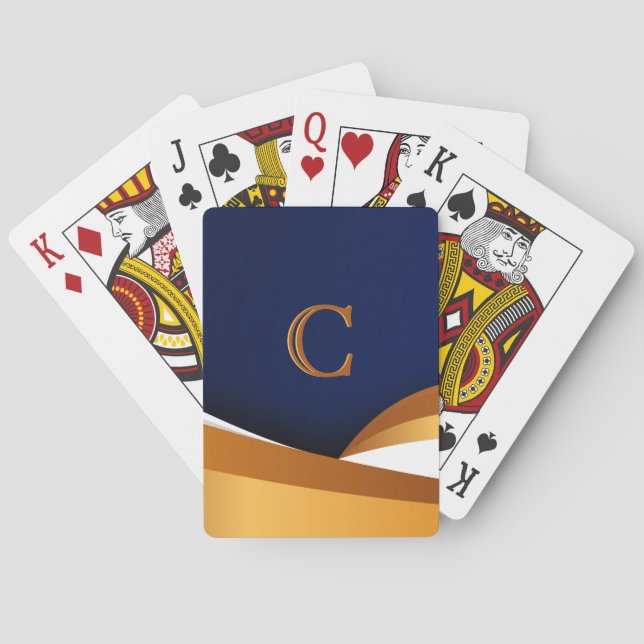 Modern Blue and Gold Wave Monogram Design Playing Cards (Back)