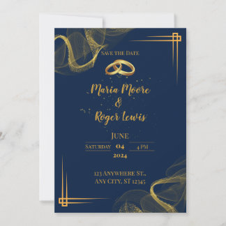 Modern Blue and Gold Wedding Invitation