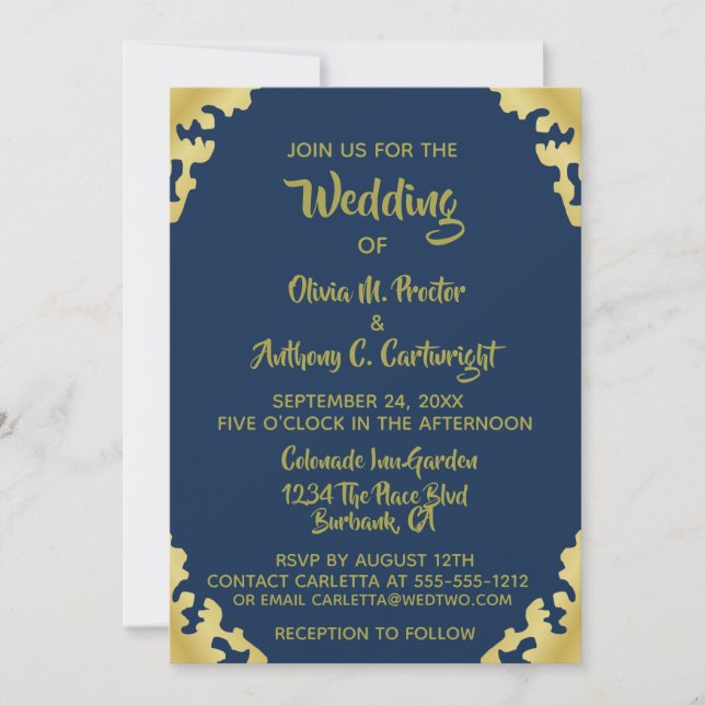Modern Blue and Gold Wedding  Invitation (Front)