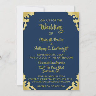 Modern Blue and Gold Wedding  Invitation