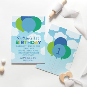 Modern Blue and Green Balloons Birthday Party Invitation