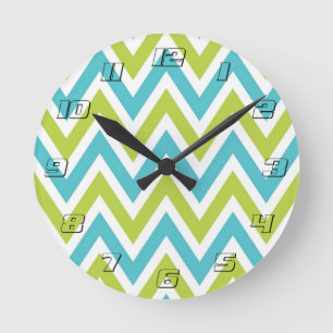 Modern Blue and Green Chevron Round Clock