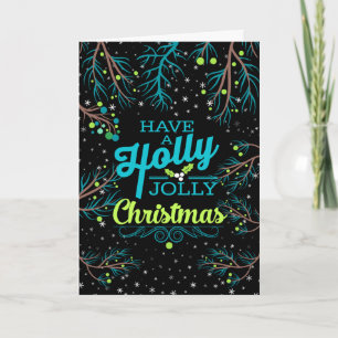 Modern Blue and Green on Black Botanical Holiday Card